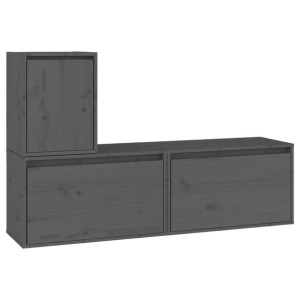 Szafki pod TV, 3 szt., szare, lite drewno sosnowe