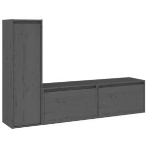 Szafki pod TV, 3 szt., szare, lite drewno sosnowe