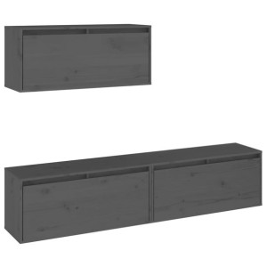 Szafki pod TV, 3 szt., szare, lite drewno sosnowe
