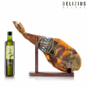 Zestaw łopatki dojrzewającej Bodega, oliwy z oliwek i stojaka na szynkę Del