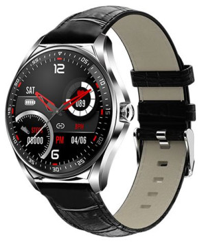 Smartwatch męski E16 srebrny na czarnym pasku skórzanym
