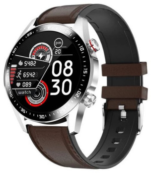 Smartwatch E12 srebrny na brązowym pasku skórzanym