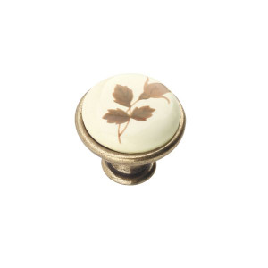Gałka meblowa porcelanowa mleczna GP19-AB-MLK-2, Kwiatek, stare złoto