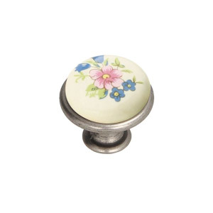 Gałka meblowa porcelanowa mleczna GP19-011-MLK-1, Kwiatek, stare srebro