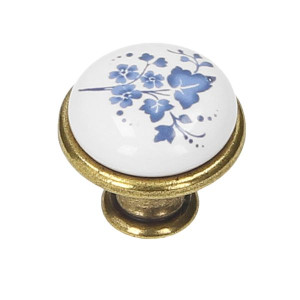 Gałka meblowa porcelanowa biała GP19-AB-WHT-16 , kwiatek, stare złoto