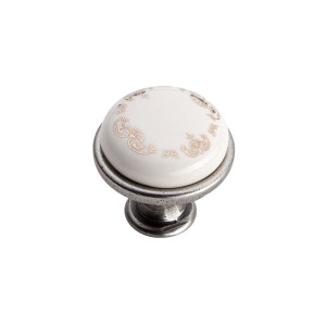 Gałka meblowa porcelanowa mleczna GP19-011-MLK-3 , wianuszek, stare srebro