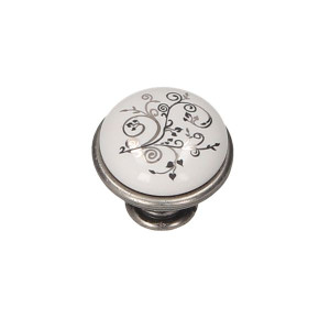 Gałka meblowa porcelanowa biała GP19-011-WHT-12 , stare srebro