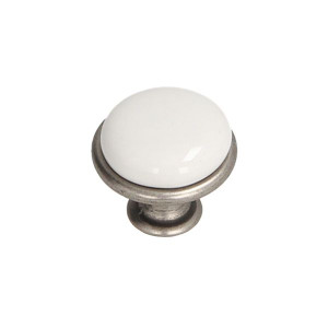 Gałka meblowa porcelanowa biała GP19-011-WHT-0, Gładka, stare srebro