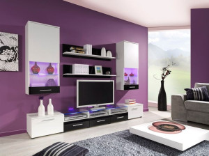 Meblościanka Cama II - biały / biały połysk + LED
