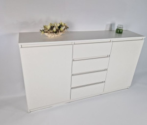 NOWOCZESNA KOMODA 150 cm szuflady półki bezuchwytowa biały mat