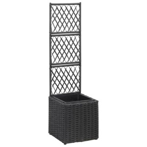 Donica z kratką i 1 wkładem, 30x30x107 cm, rattan PE, czarna