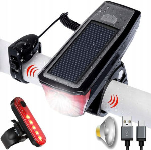 Lampka Rowerowa Przednia Tylna Solarna USB+Klakson