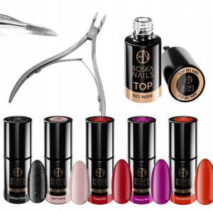 BOSKA NAILS 5x Lakier hybrydowy TOP NO WIPE +cążki