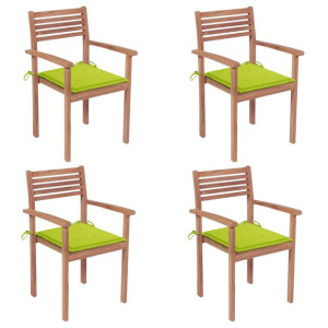 Krzesła ogrodowe, 4 szt., jasnozielone poduszki, drewno tekowe