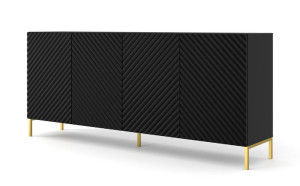 Komoda SURF 200 cm 4D frez czarny mat na złotych nóżkach
