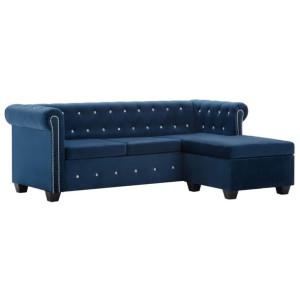 Sofa Chesterfield z leżanką, aksamit, 199x142x72 cm, niebieska