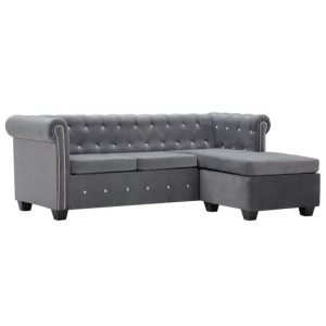 Sofa Chesterfield z leżanką, aksamit, 199 x 142 x 72 cm, szara