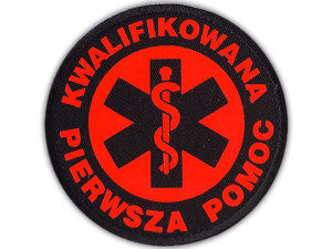 Emblemat FLUO KWALIFIKOWANA PIERWSZA POMOC na rzepie 8,5 cm