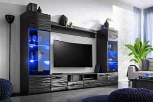 Meblościanka MODI czarny połysk, efekt 3D + LED