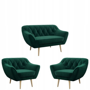 Komplet PIRS, Sofa dwuosobowa + dwa fotele pikowane - butelkowa zieleń