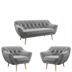 Sofa trzyosobowa + dwa fotele PIRS - Pikowana, Szary