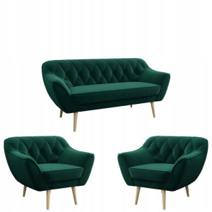Pikowana elegancka sofa 3 os. + 2 fotele PIRS - Butelkowa zieleń