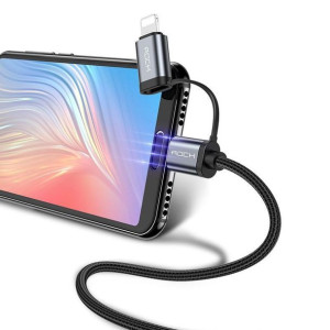 Kabel 2 w 1 USB Typ C do USB Typ C + Lightning ROCK Metal czarny