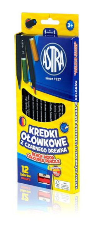 Kredki ołówkowe czarne drewno 12 kolorów + temperówka