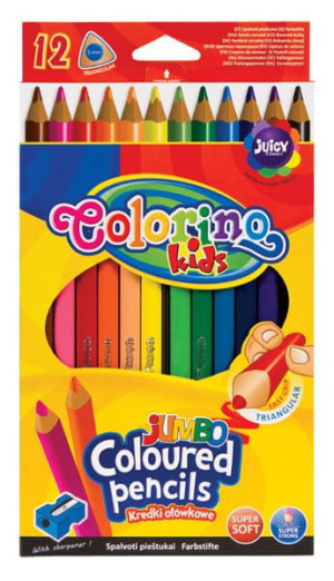 Kredki ołówkowe trójkątne Jumbo 12 kolorów + temperówka - Colorino Kids