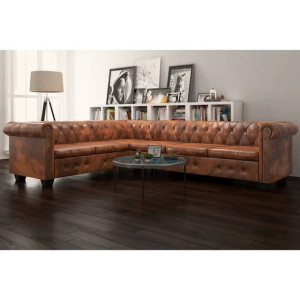Sofa rogowa Chesterfield sześcioosobowa brązowa eko skóra