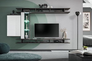 Meblościanka 230cm Dąb Grafit + Biały połysk PVC GOME AM + LED