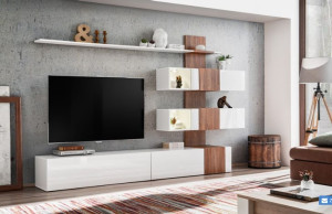  Meblościanka 250cm Dąb Sterling + Biały połysk PVC QUENN AM