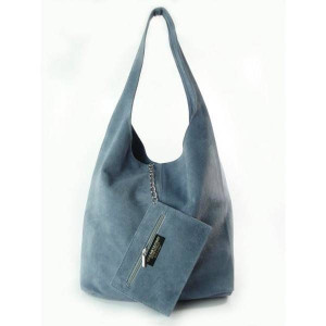 Worek Zamsz Shopper Bag Włoska Skórzana Torba Xl A4 Blue W456bs2
