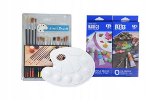 Zestaw farby akrylowe lub olejne + pedzle + Paleta