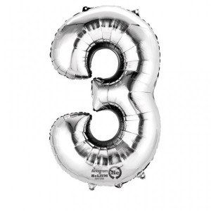 Balon Foliowy 50cm X 86cm, Cyfra 3 Srebrna