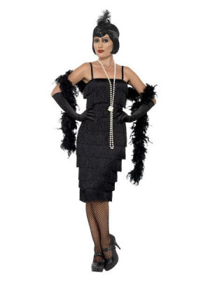 Strój Flapper Retro 3 El. Czarna Frędzle - S
