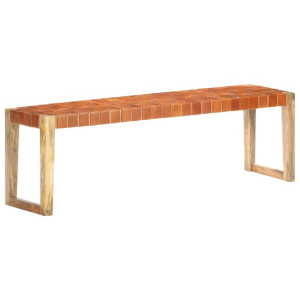 Ławka, 150 cm, brązowa skóra naturalna i lite drewno mango