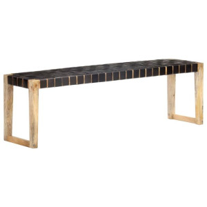 Ławka, 150 cm, czarna,  skóra naturalna i lite drewno mango