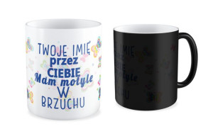 Kubek na walentynki z imieniem Przez Ciebie mam w brzuchu motyle