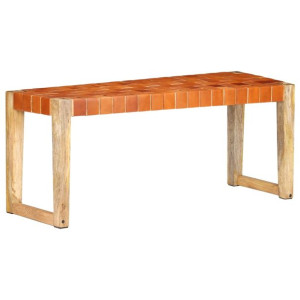 Ławka, 110 cm, brązowa skóra naturalna i lite drewno mango