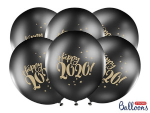 Balony 30cm Happy 2020!pastel Black Opak 6szt