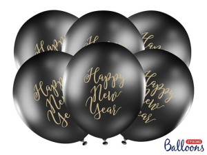 Balony 30cm Happy New Year Pastel Black Opak 6szt