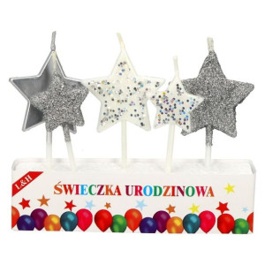Świeczki Gwiazdki Urodzinowe Z Brokatem Srebrne 5szt