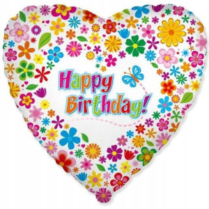 Balon Foliowy 18" Happy Birthday Z Kwiatuszkami