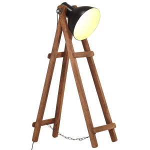 Lampa podłogowa, czarna, E27, lite drewno mango