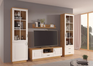 Meblościanka FLAWIA witryna, rtv biały + artisan