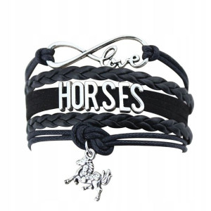 BRANSOLETKA napis Horses zawieszka Koń rzemyk