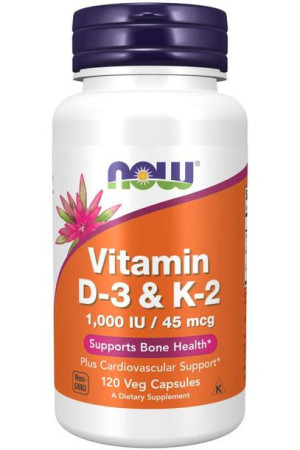 NOW Foods Witamina D-3 & K2 1.000IU / 45mcg 120 wegetariańskich kapsułek -