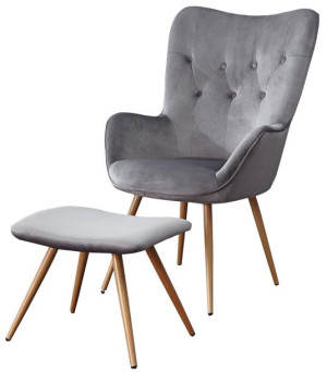 Fotel ergonomiczny z podnóżkiem szary nóżki drewno VIP