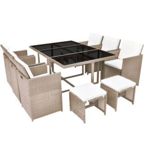 11-cz. zestaw mebli ogrodowych z poduszkami, rattan PE, beżowy